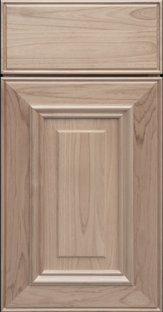 Custom Ghost Matte Stain Anderson Raised Panel Kitchen Cabinet Door and matching Slab Drawer Front.